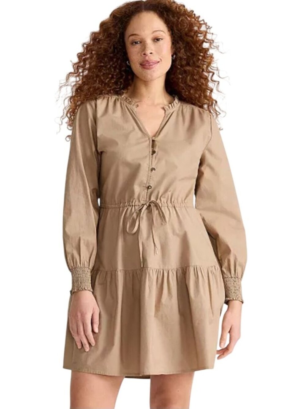 Lands' End Cotton Poplin Popover Dress Tiered Balloon Sleeve Desert Tan Size S